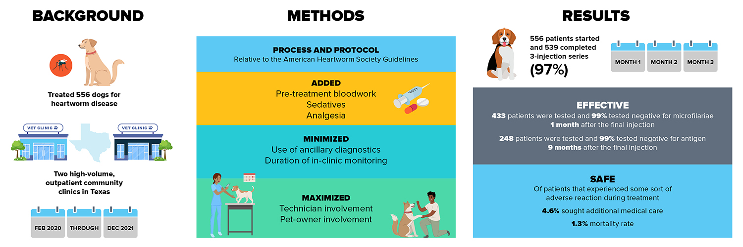 Graphical abstract illustrating the background, methods, and results of the study. Background Panel: Panel depicting the background of the study. Includes illustrations of a dog, a mosquito, and a map of Texas with two clinics marked. A calendar indicates the dates of data collection. Methods Panel: Panel illustrating the methods used in the study. Divided into four sections: 'Process and Protocol' with a syringe and pills, 'Additions' with a dog and its owner, 'Minimizations' with a veterinary technician and a dog, and 'Maximizations' with a veterinarian and a dog. Results Panel: Panel displaying the results of the study. Features a dog, a calendar indicating a three-month period, and headings for 'Effective' and 'Safe' outcomes, along with corresponding percentages for treatment completion, negative outcomes post-treatment, need for additional care, and mortality rate.